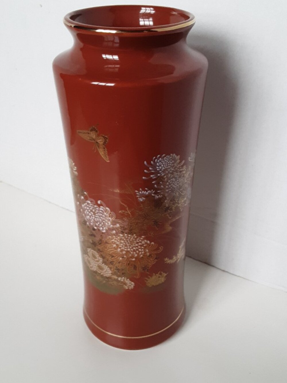 Vintage Oriental Ceramic Vase Japan Floral Butterflies Color Brown Gold Trim